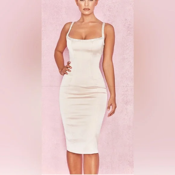 House of CB satin & crystal bodycon dress in champagne, ASO Cassie Euphoria Prom - Picture 2 of 11